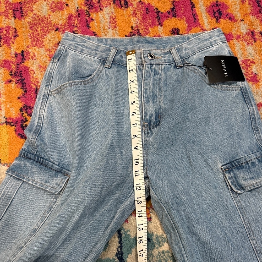 Women's High Rise Light Blue Cargo Jeans - Picture 3 of 6